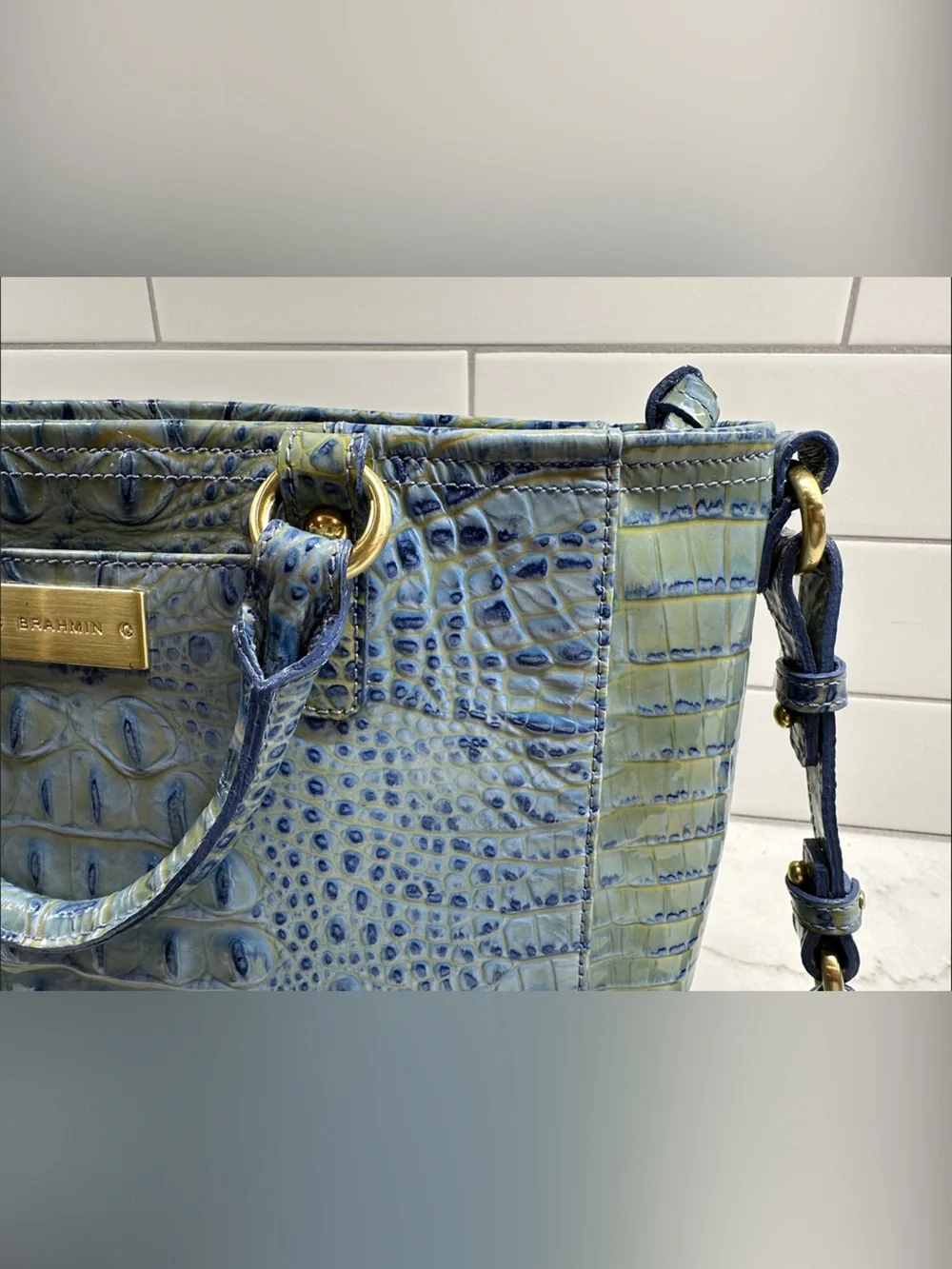 Blue Croc-Embossed Leather Satchel with Removable Strap